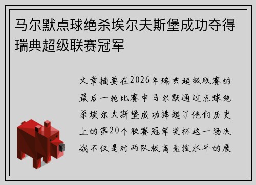 马尔默点球绝杀埃尔夫斯堡成功夺得瑞典超级联赛冠军